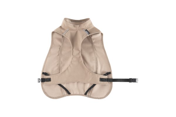 Softshell dog coat product photo showing inner lining, belt, and fabric details