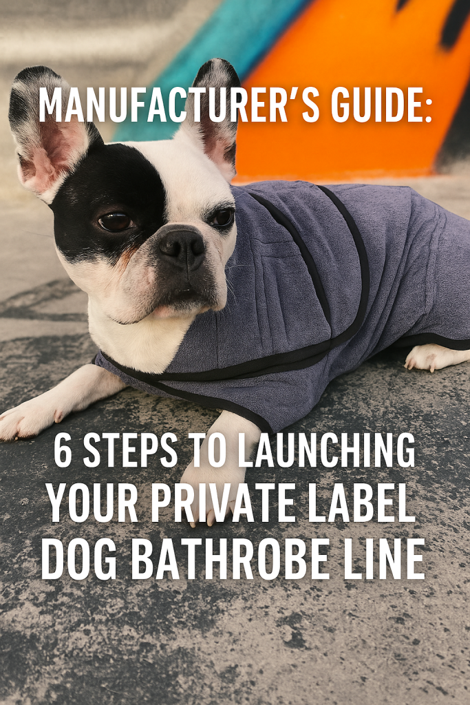 French Bulldog wearing a purple Oyapet microfiber dog bathrobe with black piping, laying on a concrete surface with colorful graffiti background.