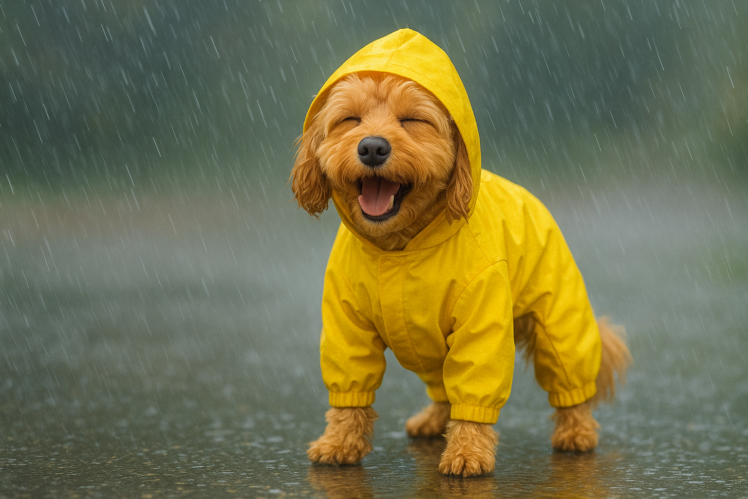 Happy small dog wearing a waterproof yellow dog raincoat with legs