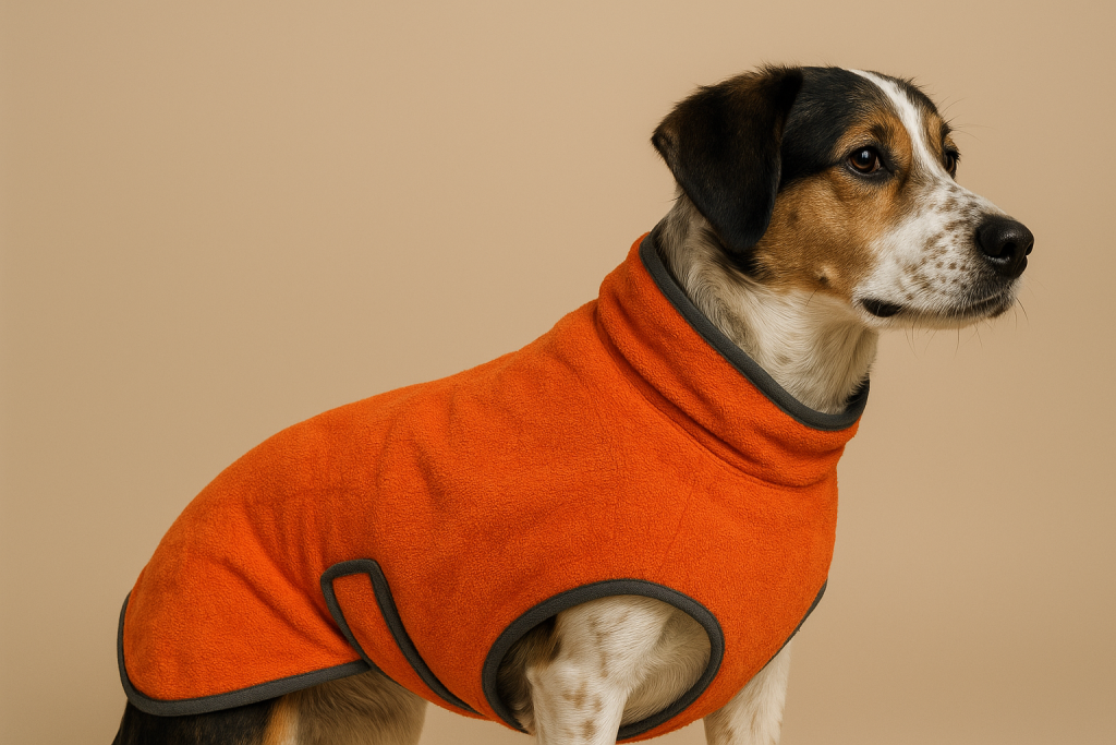 A tricolor dog wearing an orange dog drying coat against a beige background.