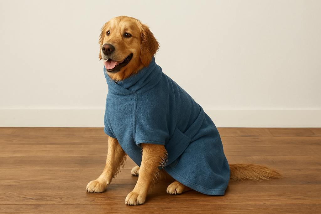 Golden Retriever wearing a blue dog drying coat sitting on a wooden floor