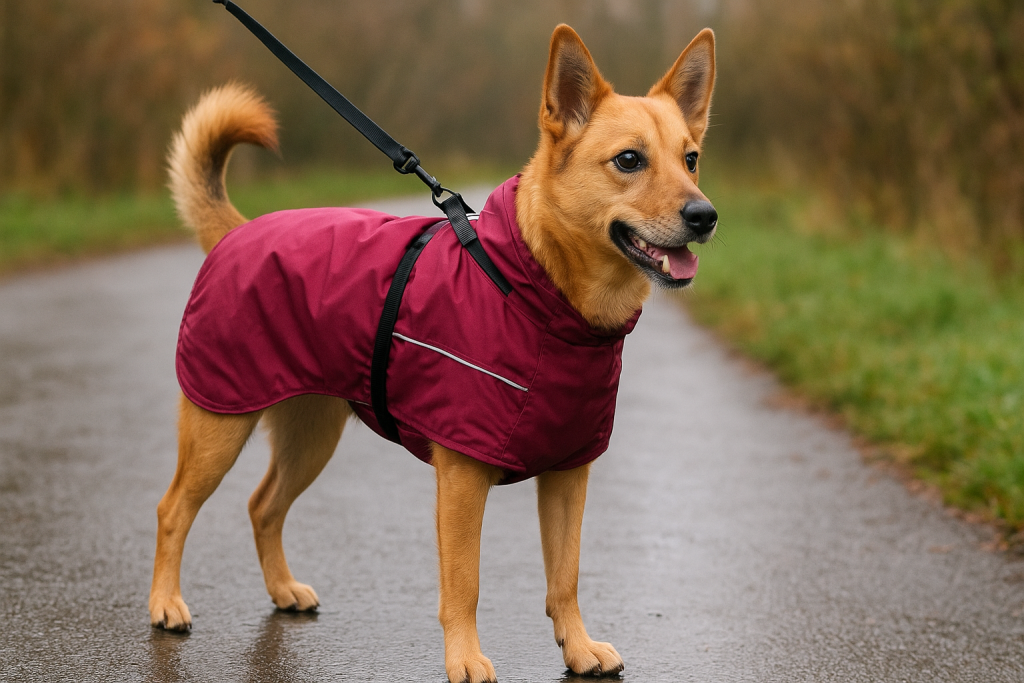 A happy dog wearing a waterproof dog coats with harness hole, standing on a rainy path outdoors.