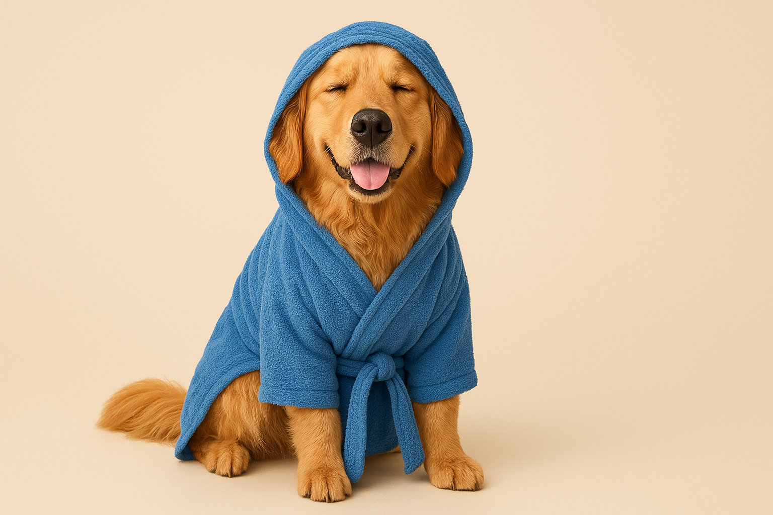 Happy golden retriever wearing a cozy dog dressing gown after bath time