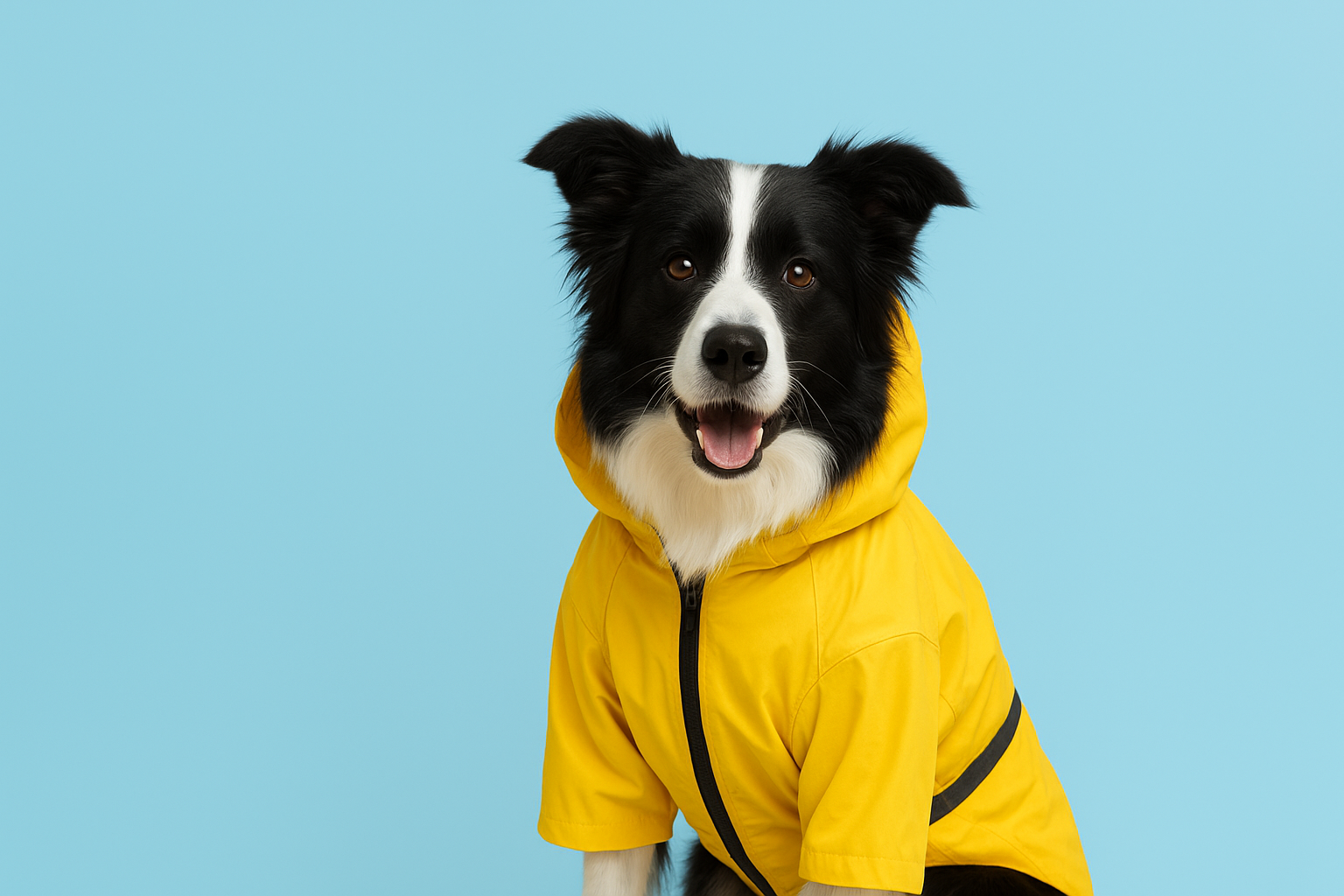 Border Collie wearing a yellow waterproof raincoat by OyaPet, trusted dog rain jacket manufacturer in Turkey