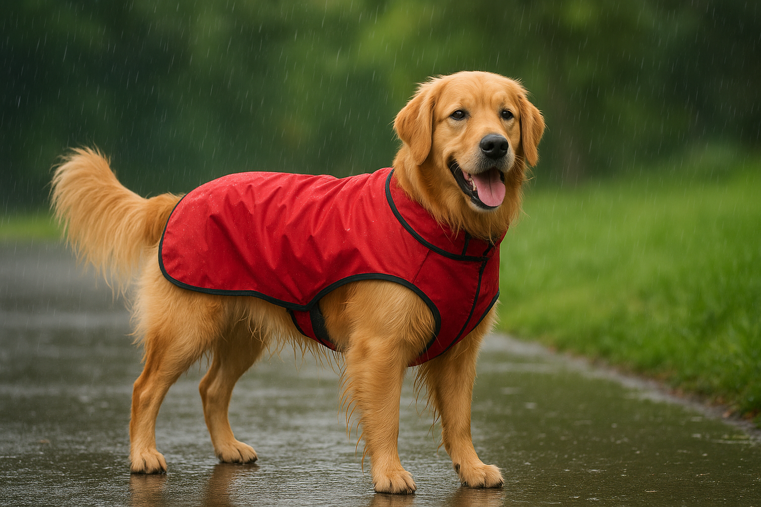 golden retriever wearing a red dog waterproof coat during a rainy walk