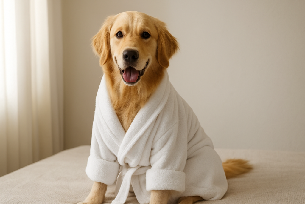 golden retriever wearing a white cotton dog bathrobe manufacturer