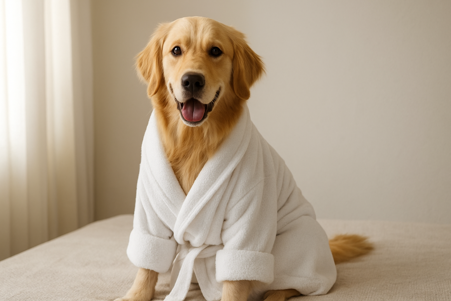 golden retriever wearing a white cotton dog bathrobe manufacturer