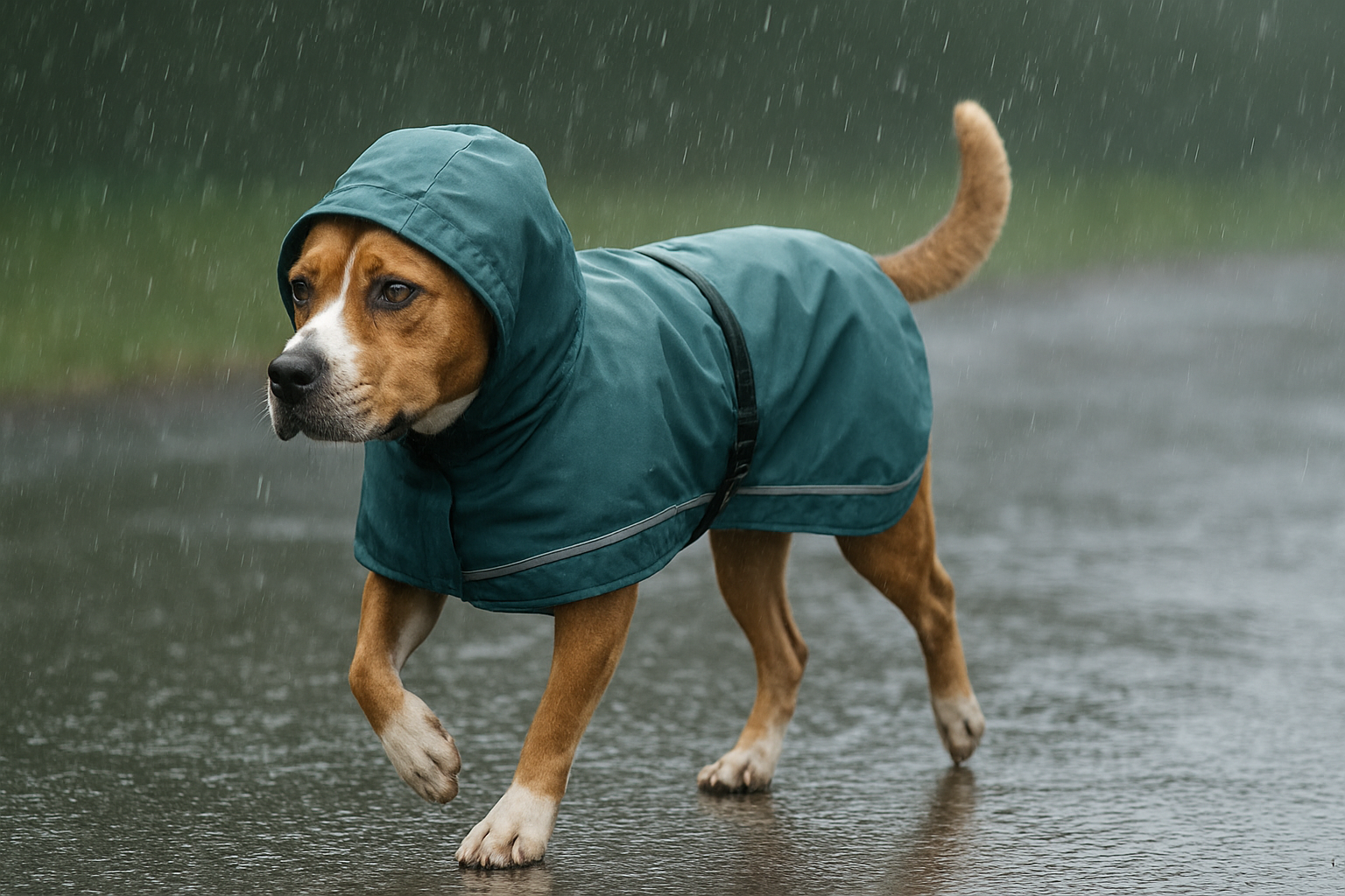 A medium-sized American Staffordshire Terrier wearing a teal lightweight dog raincoat while walking on a rainy path.