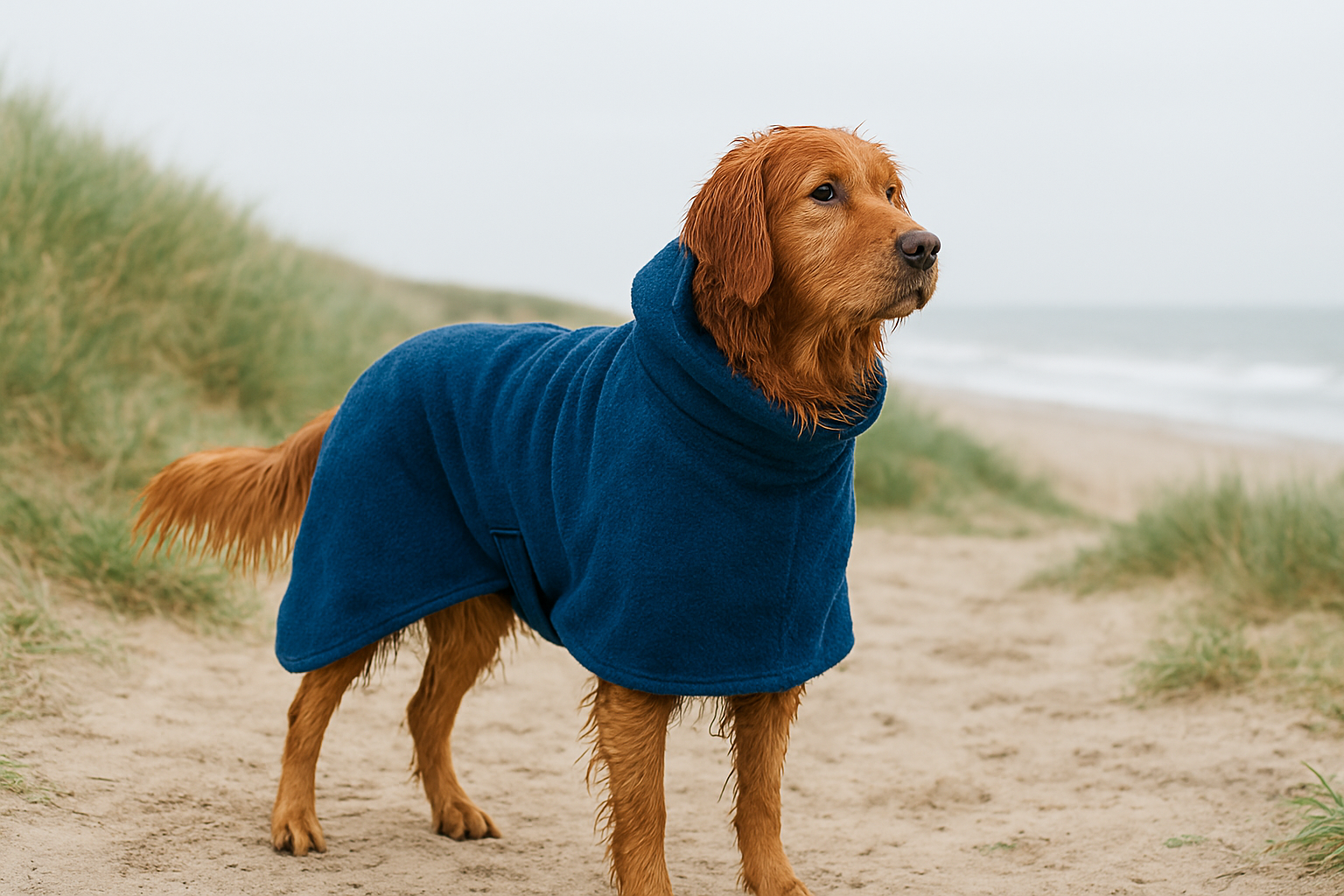 Golden Retriever wearing a blue dry robe for dogs on a beach path after getting wet