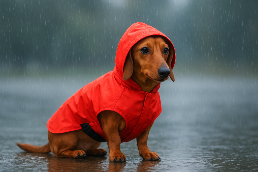 A dachshund wearing a dark red rain coat for dogs while walking outside on a light rainy day.