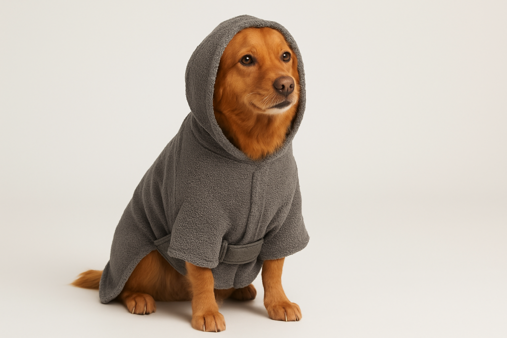dog drying robe on a medium-sized golden dog sitting and looking calm on a plain background