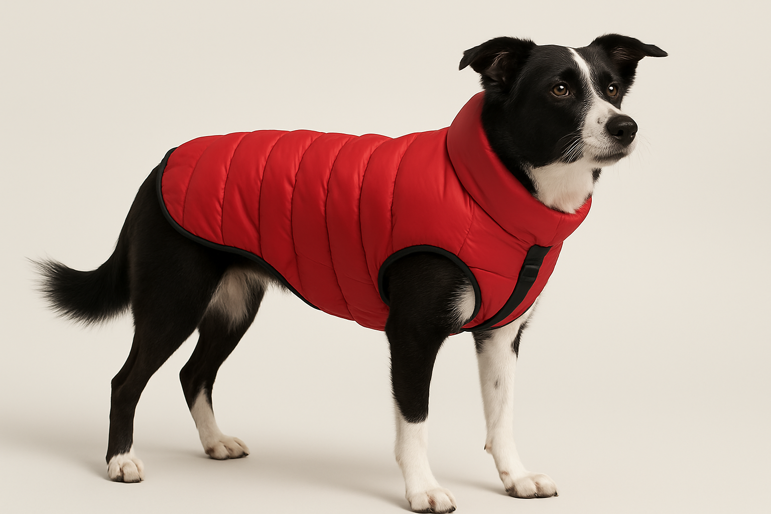 Black and white Border Collie wearing a bright red quilted dog puffer jacket