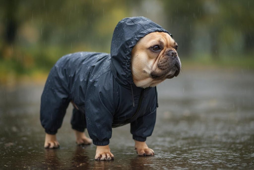 waterproof dog coat with legs on a fawn French Bulldog standing in the rain.