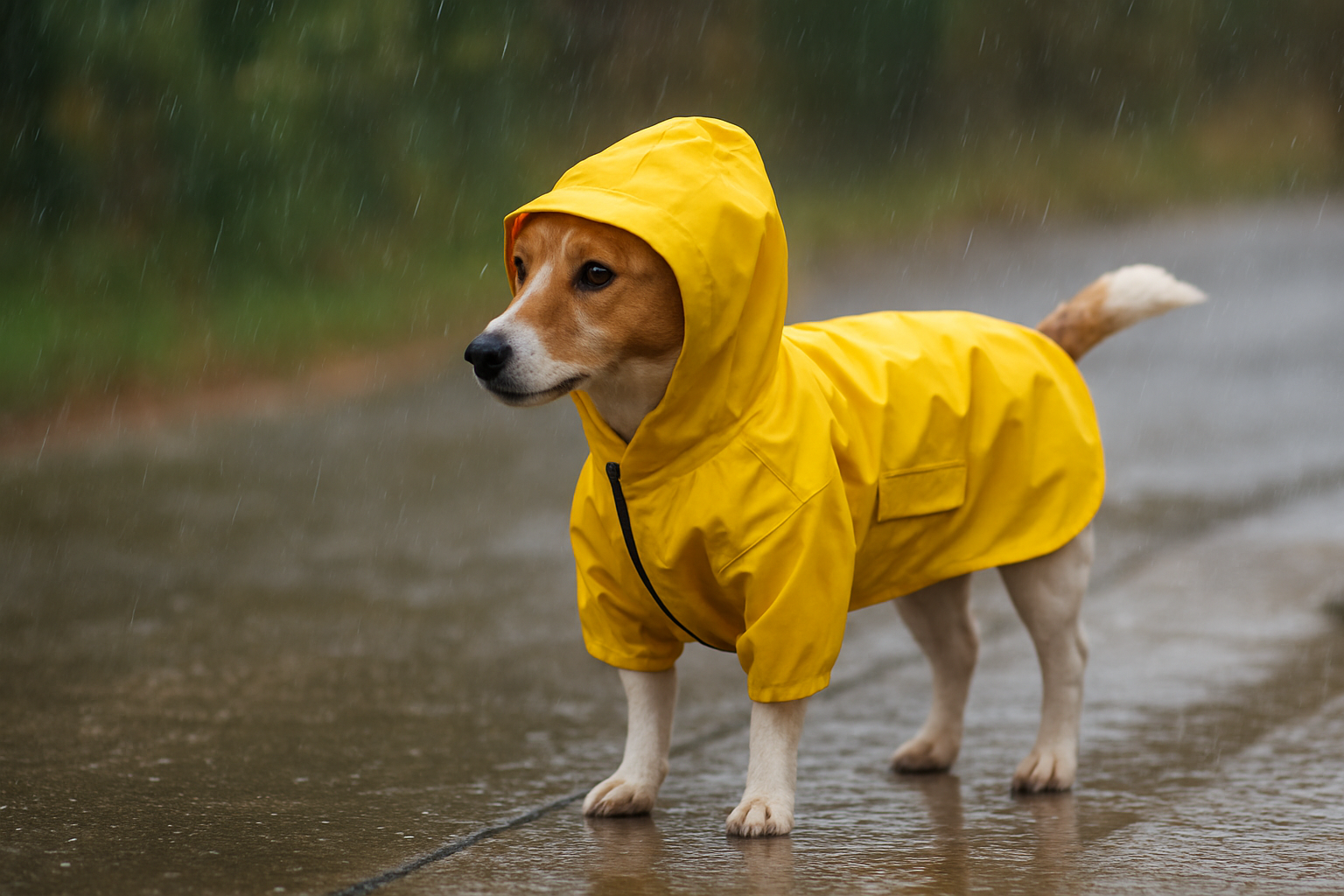 Dog raincoat with hood on a happy dog standing outdoors in light rain
