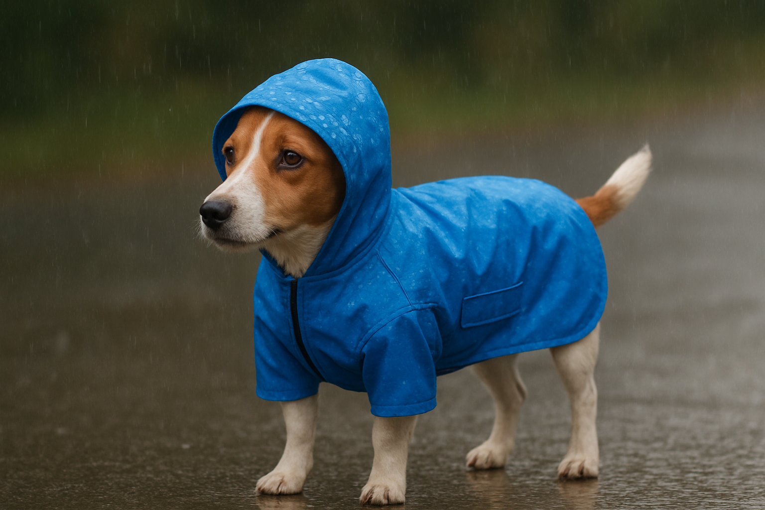 best dog raincoat — beagle wearing a blue raincoat while standing outdoors in the rain