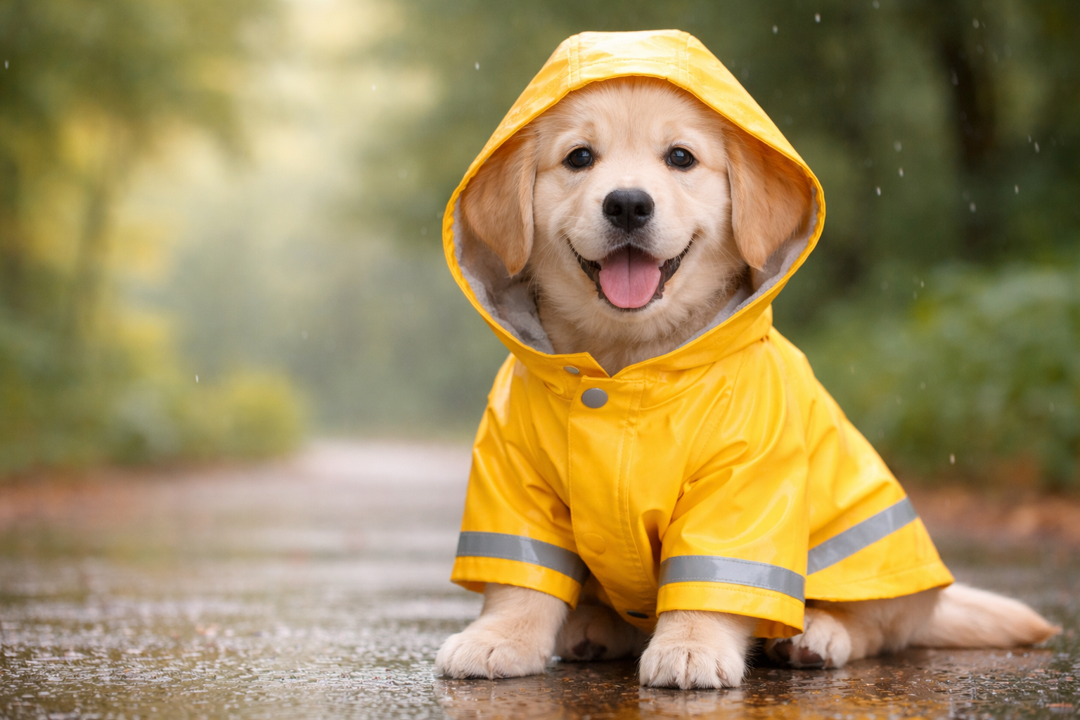 Golden retriever puppy wearing a yellow puppy raincoat sitting on a wet path during light rain