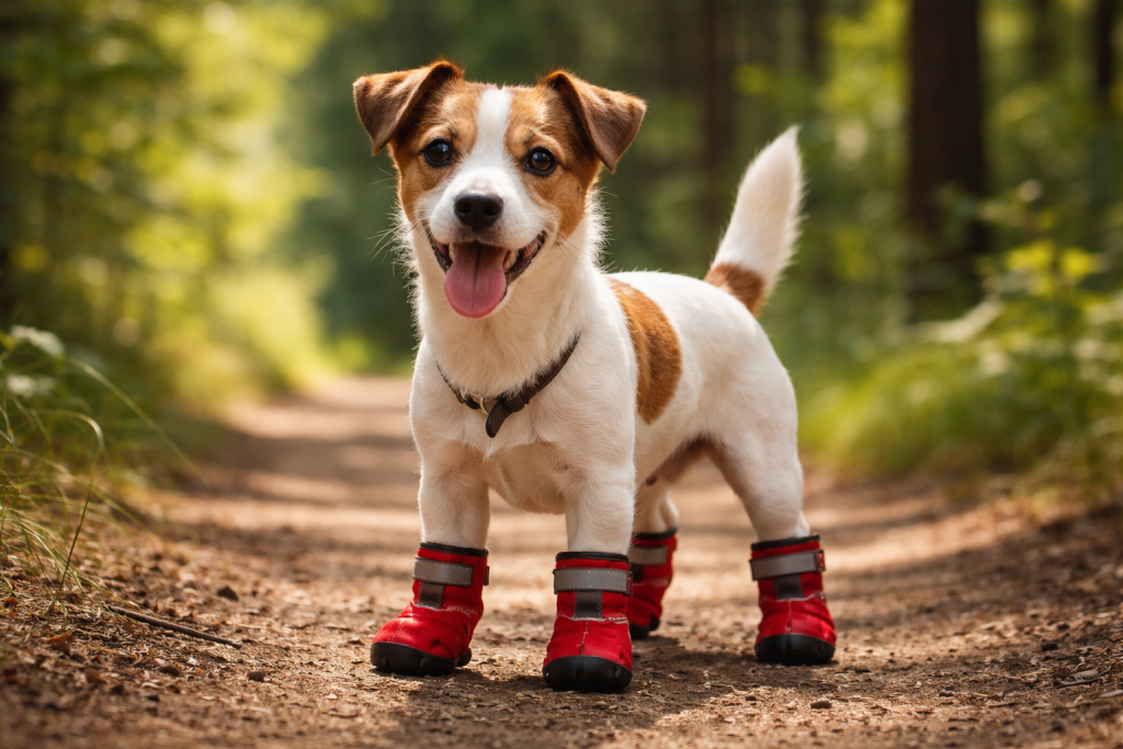 Small dog wearing red dog boots walking on a forest trail