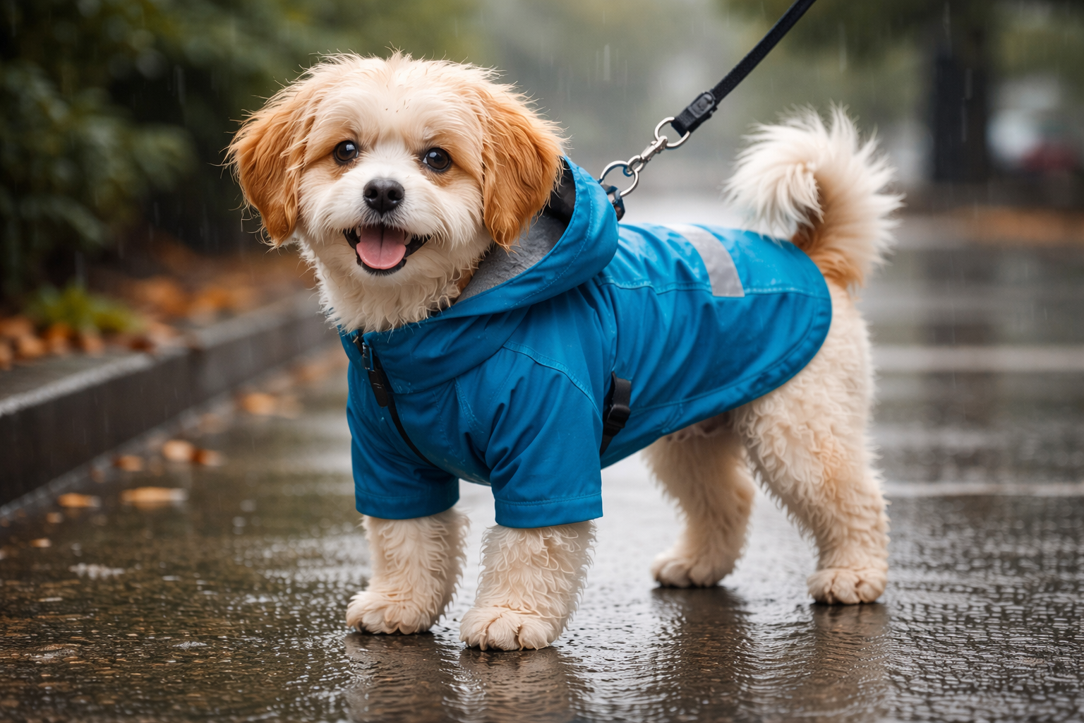 rain coat dog wearing blue waterproof jacket walking on wet pavement