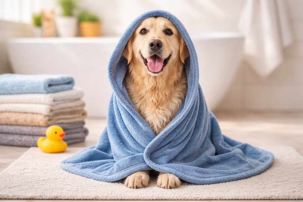 Dog bath towel wrapped around a golden retriever sitting in a bright bathroom