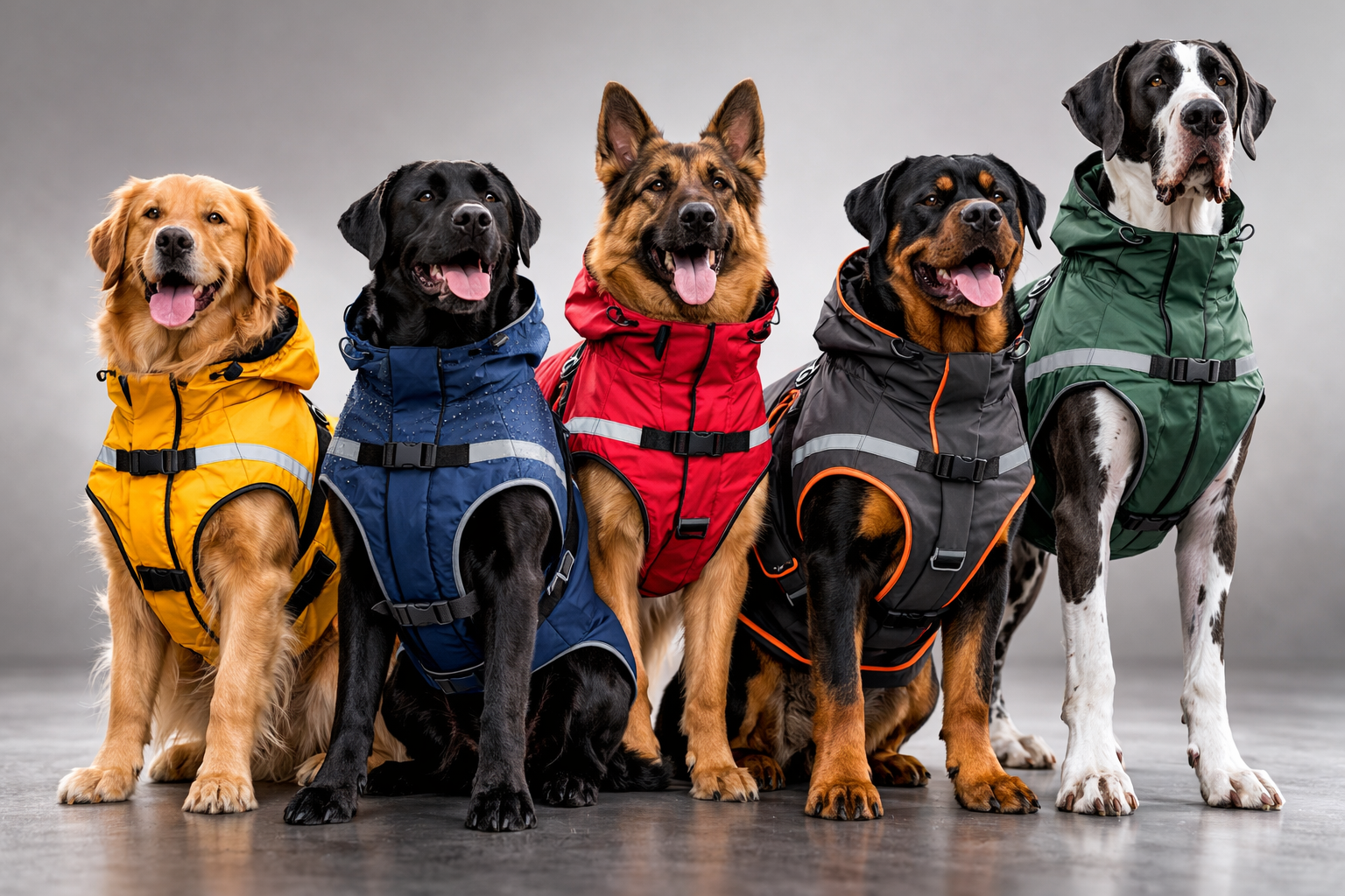 Extra large dog raincoat collection displayed on five large breed dogs in a professional studio setting with different size options