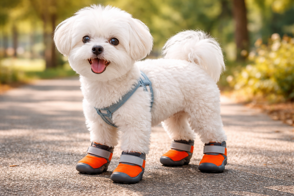 Small dog shoes on a white Maltese dog standing on a sunny park path