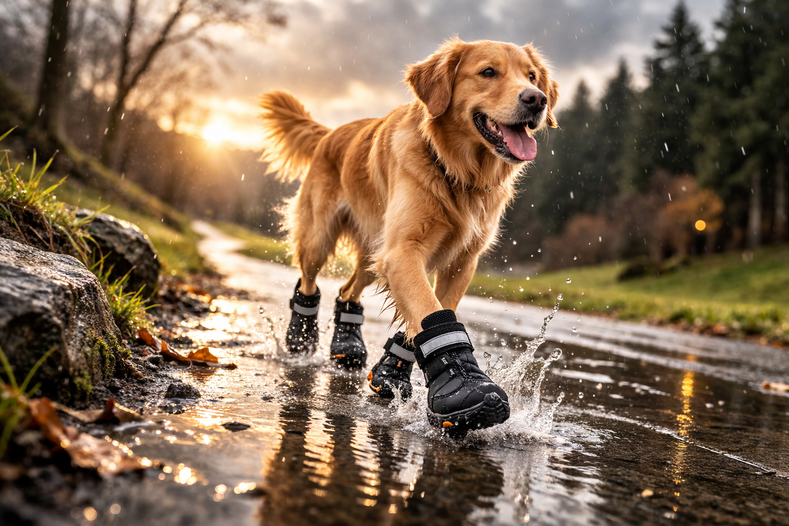 Golden retriever wearing black waterproof boots for dog walking splashing through a puddle on a rainy trail