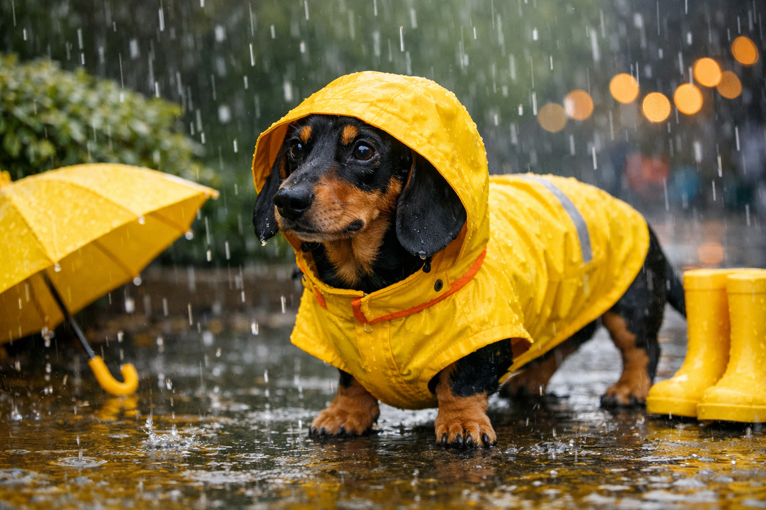 dachshund raincoat walking in the rain with yellow waterproof coat