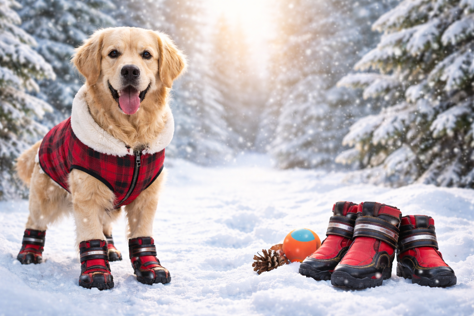 dog boots for winter protecting a golden retriever’s paws while standing in the snow