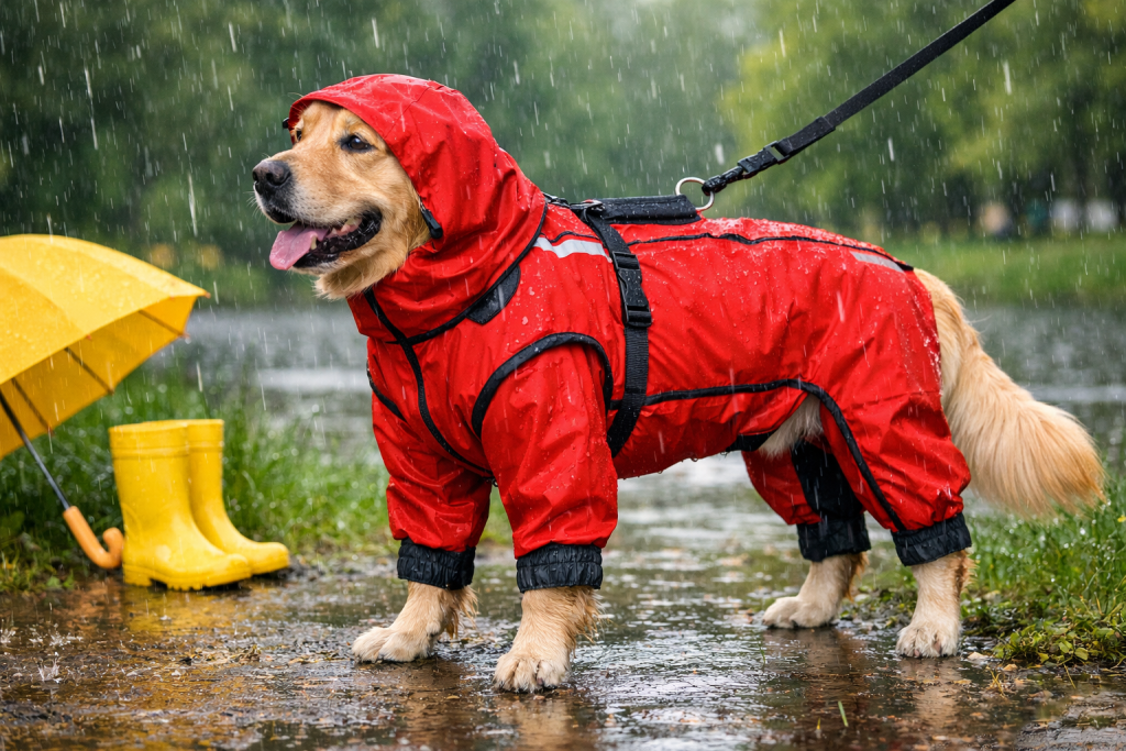 dog raincoat full coverage protecting a dog during a rainy walk in wet weather