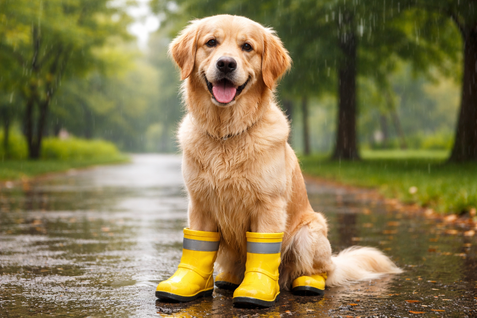 Golden retriever wearing yellow dog rain boots sitting on a wet road during rainy weather