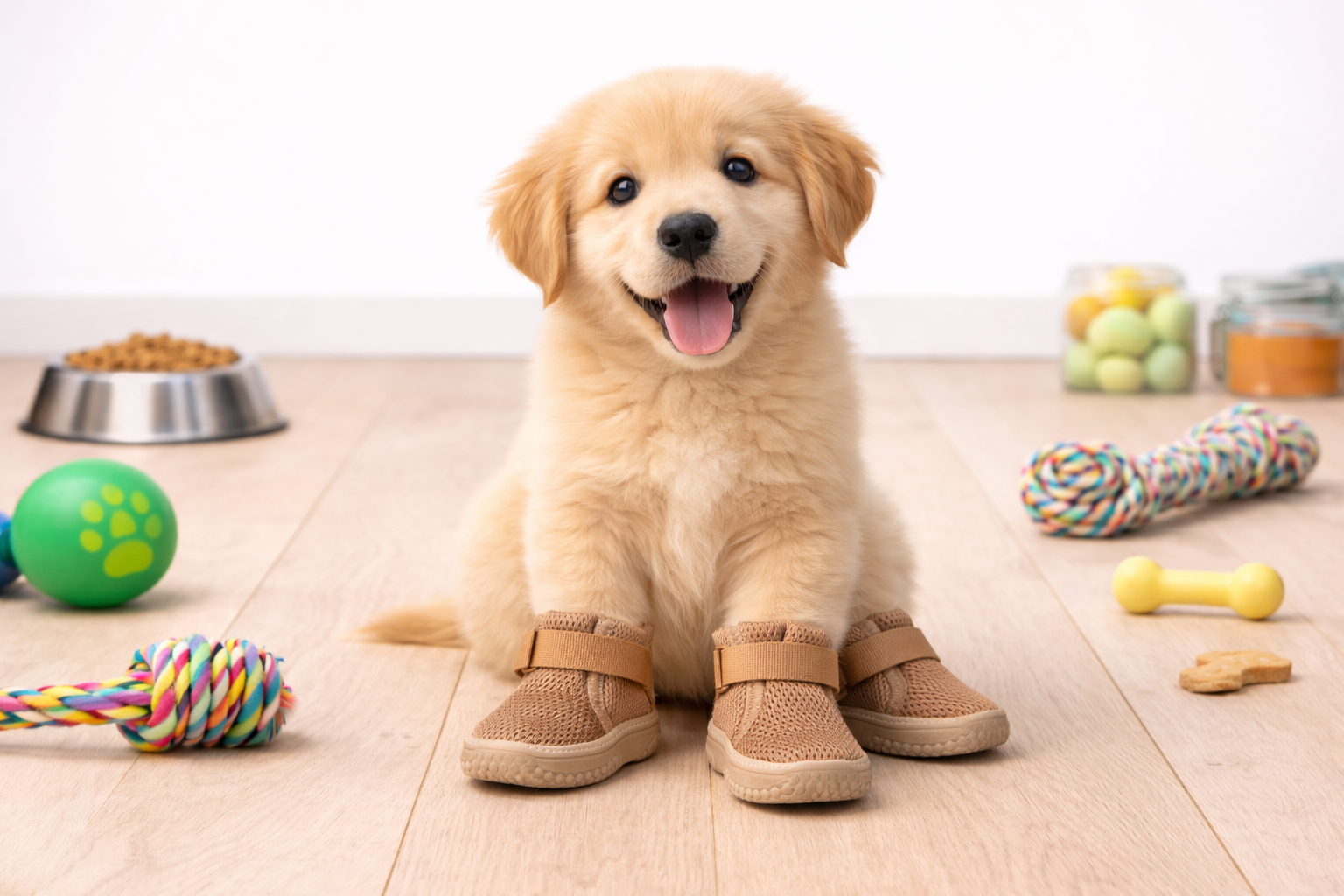 cute golden retriever puppy wearing light brown puppy shoes on wooden floor
