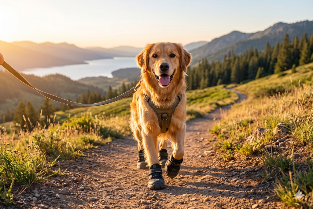 A golden dog wearing dog walking boots while walking on a dirt trail during sunset.