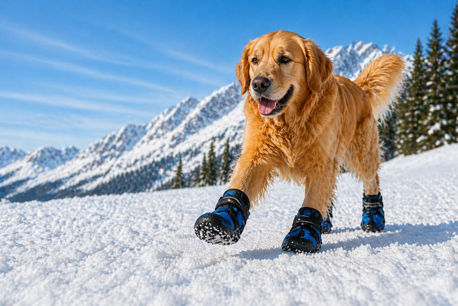 A golden retriever wearing blue snow shoes for dogs while running in deep snow.